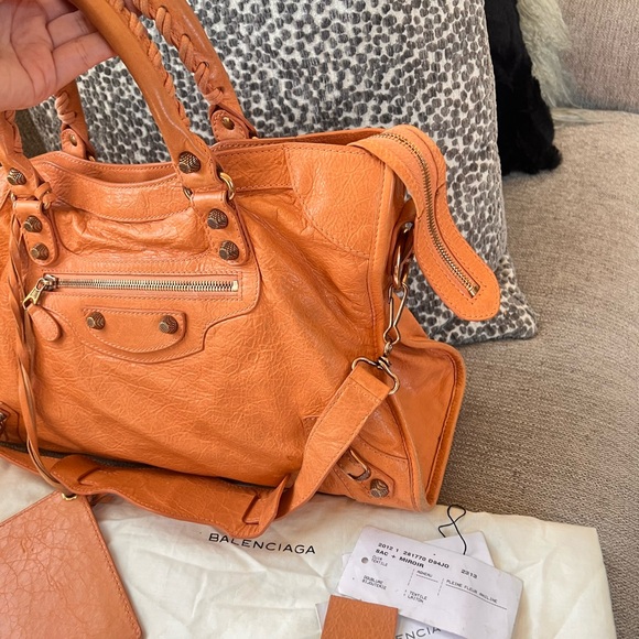 Balenciaga Agneau Classic Hardware Tan Tangerine Le City Bag - Picture 3 of 13